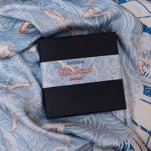 Load image into Gallery viewer, Flight Through Twilight Clouds – Blue Linocut Silk Scarf (90 x 90 cm)