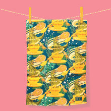 Load image into Gallery viewer, T-Rex Extravaganza Tea Towel – Playful Prehistoric Charm with a Cosmic Twist