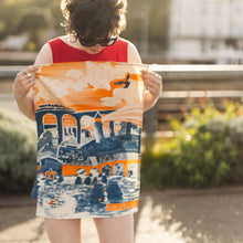 Load image into Gallery viewer, The Coastal Line Tea Towel – Graphic Seaside Design with Steam Train & Viaduct