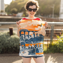 Load image into Gallery viewer, The Coastal Line Tea Towel – Graphic Seaside Design with Steam Train & Viaduct