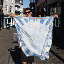 Load image into Gallery viewer, Flight Through Twilight Clouds – Blue Linocut Silk Scarf (90 x 90 cm)