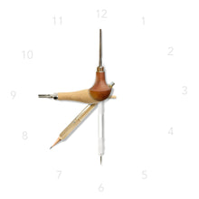 Load image into Gallery viewer, A graphic of a clock with linocut tools and makers cabinet pencil extender to look like a clock - carve out time for creativity