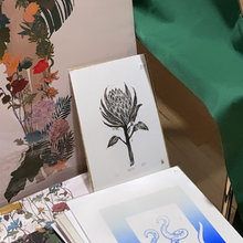 Load image into Gallery viewer, A5 Protea Handcarved Linoprint