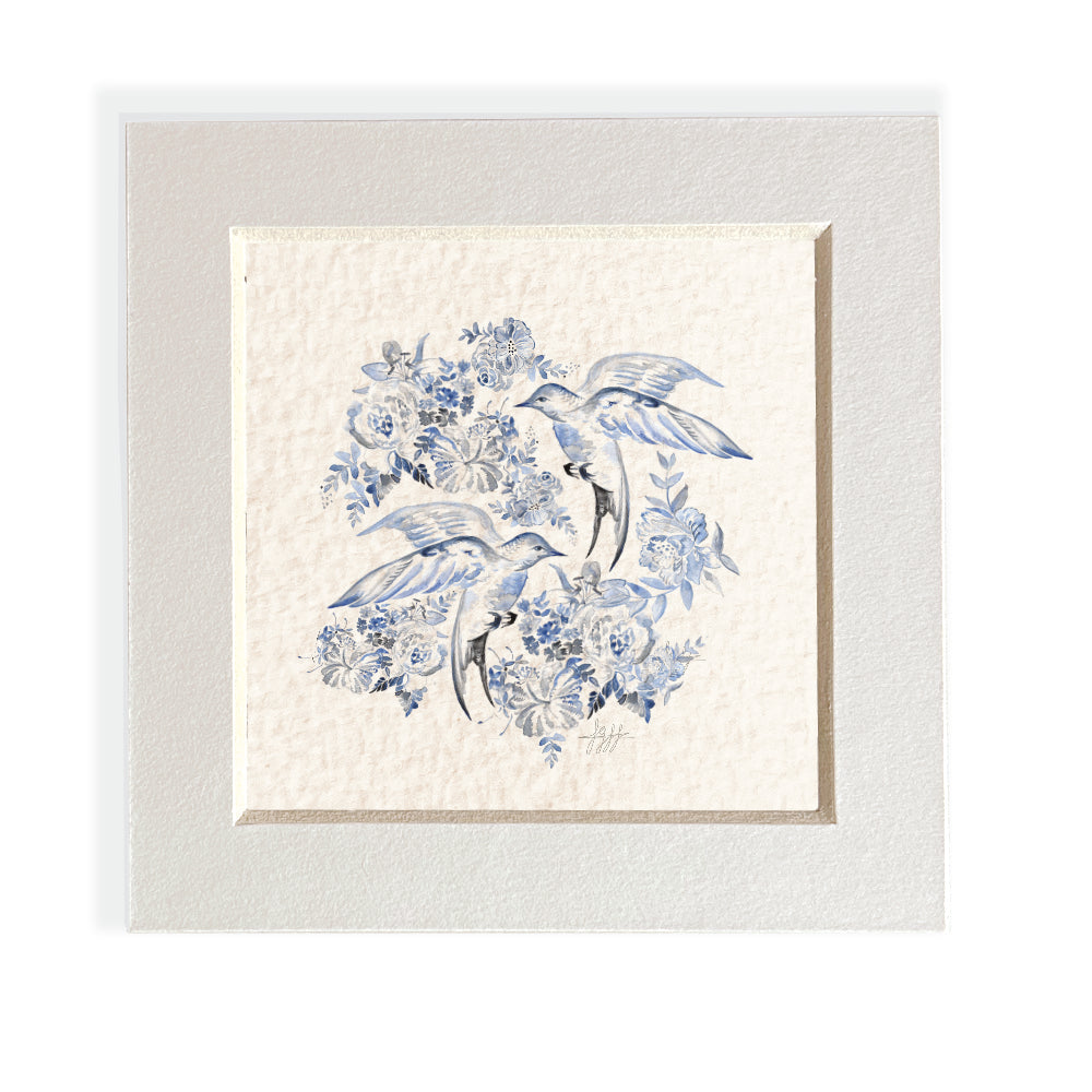 Mini mounted giclee print - Watercolour birds & flowers - Desk Decor