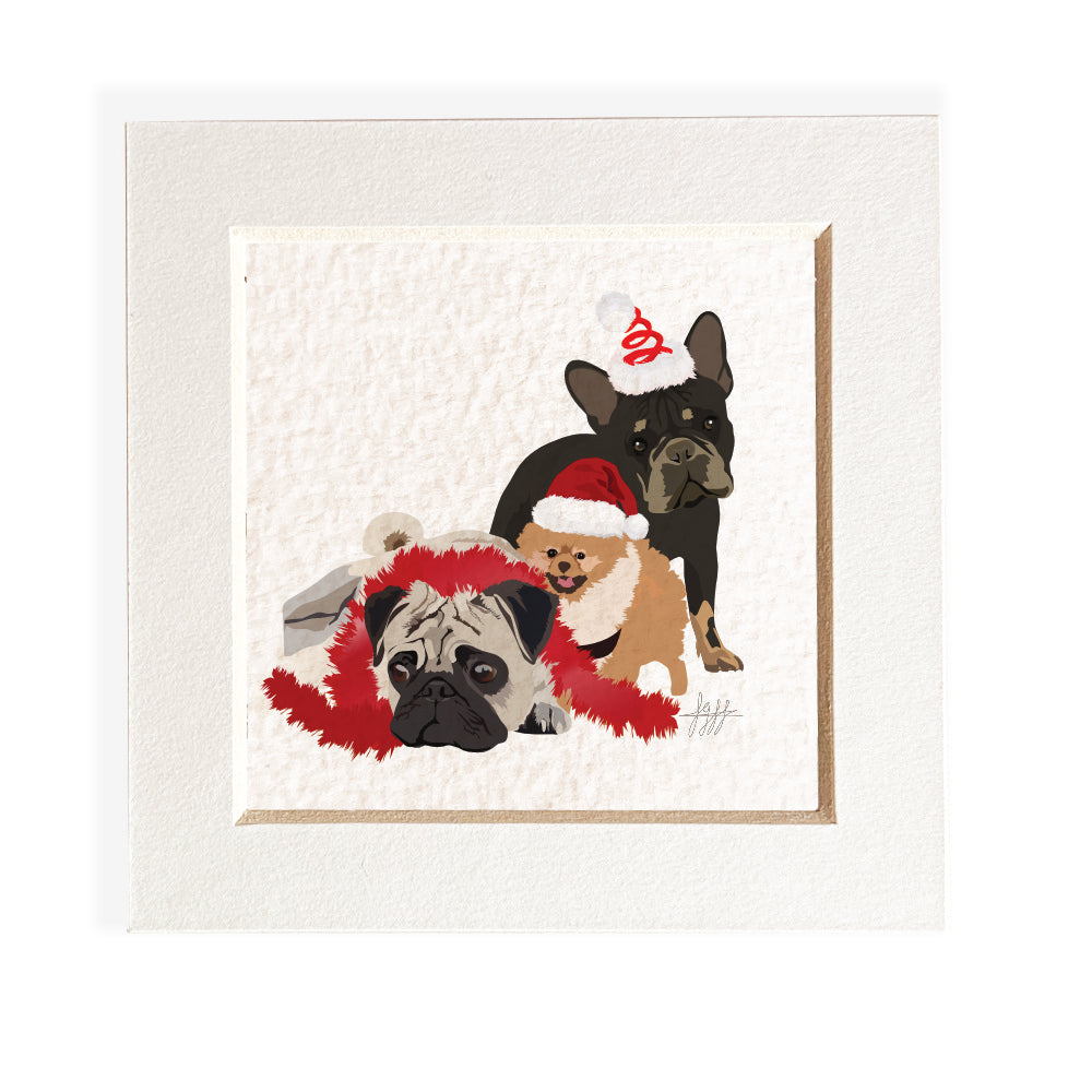 Mini mounted giclee print - Christmas Dog Trio - Desk Decor