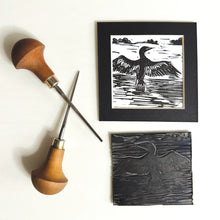Load image into Gallery viewer, Cormorant Linoprint | 10cm Mounted Handmade Linoprint
