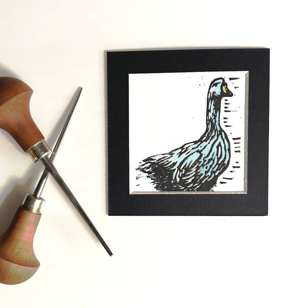 Goose Linoprint | 10cm Mounted Handmade Linoprint with hand painted watercolour