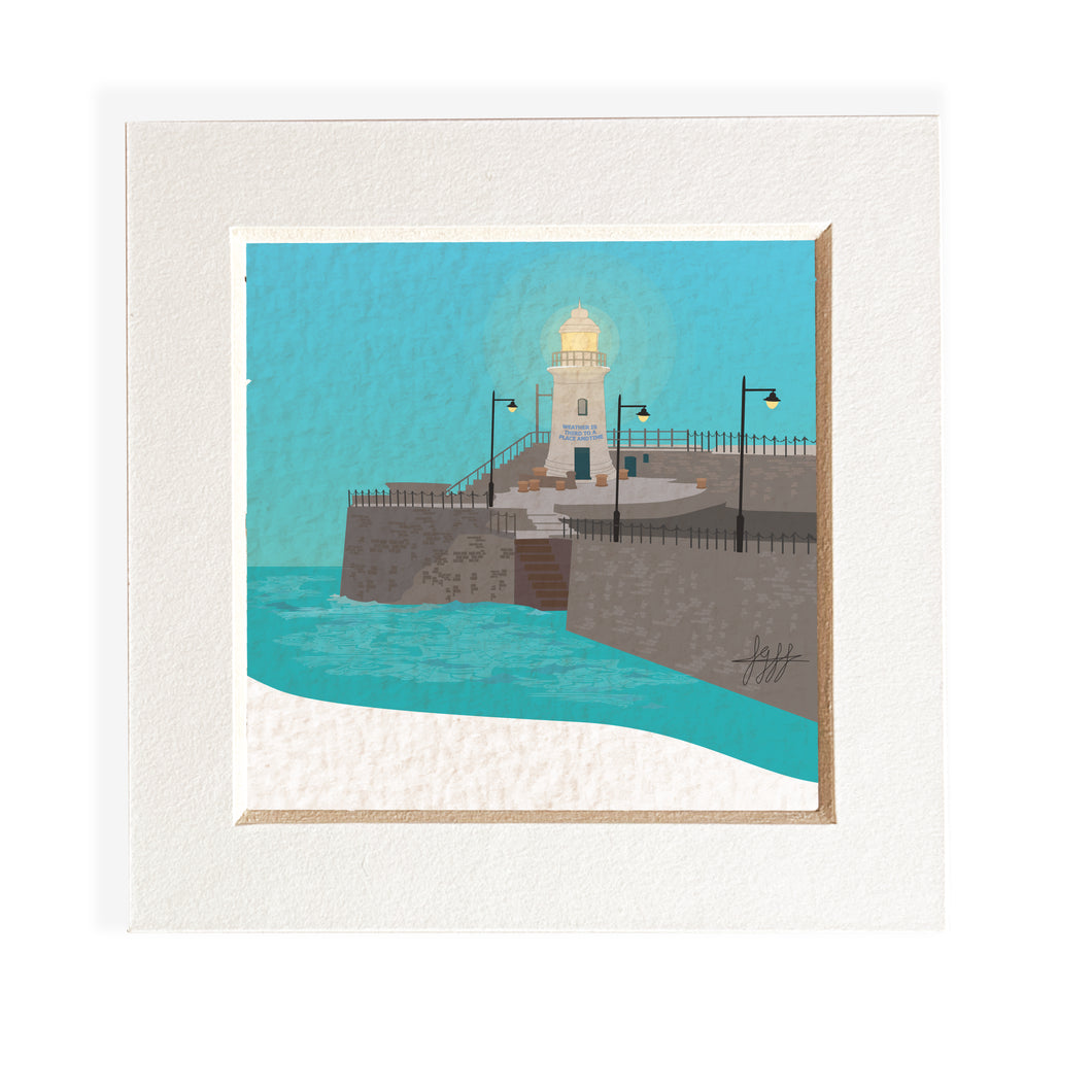 Mini mounted giclee print - Folkestone harbour arm & Lighthouse - Desk Decor