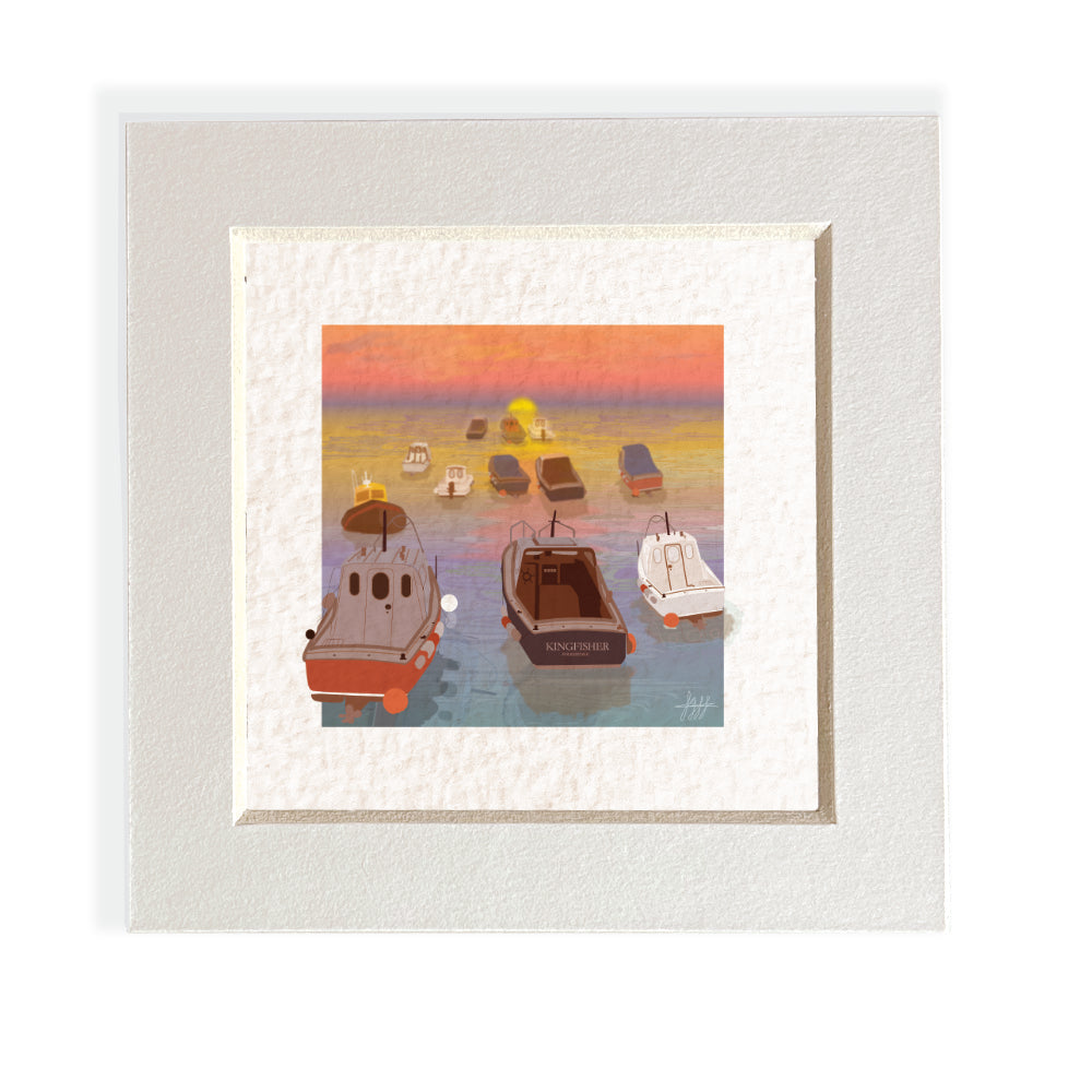 Mini mounted giclee print - Moored Boats (Sunset) - Desk Decor