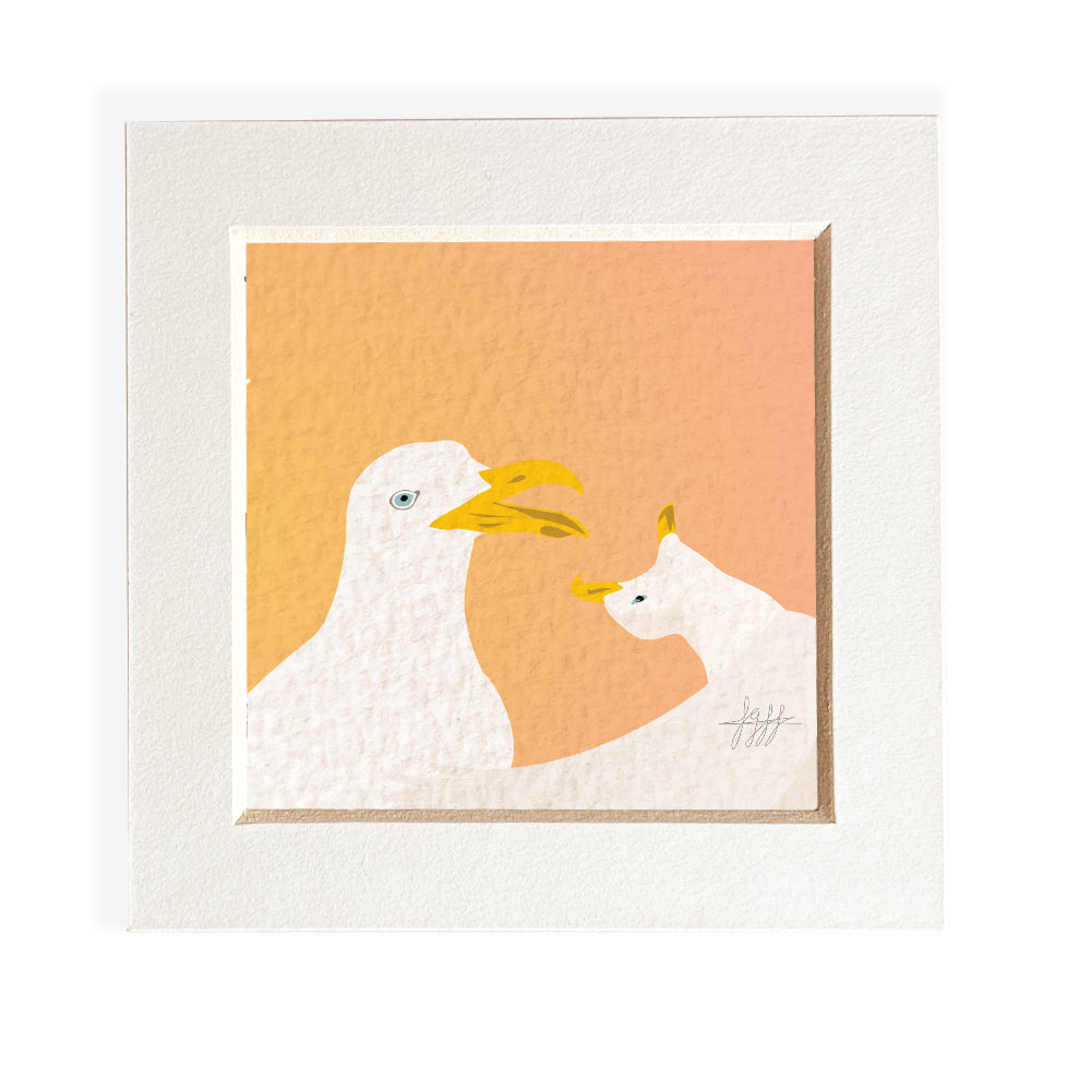 Mini mounted giclee print - Seagulls squawking at sunset - Desk Decor