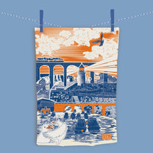 Load image into Gallery viewer, The Coastal Line Tea Towel – Graphic Seaside Design with Steam Train &amp; Viaduct
