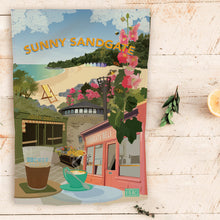 Load image into Gallery viewer, Sunny Sandgate Tea Towel – Hand Illustrated montage

