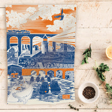 Load image into Gallery viewer, The Coastal Line Tea Towel – Graphic Seaside Design with Steam Train &amp; Viaduct
