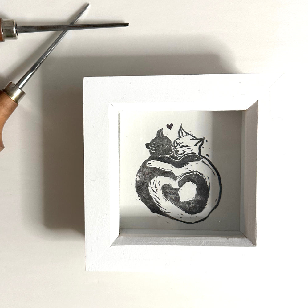 Curled Cats Linoprint | 10cm Framed Handmade Linoprint