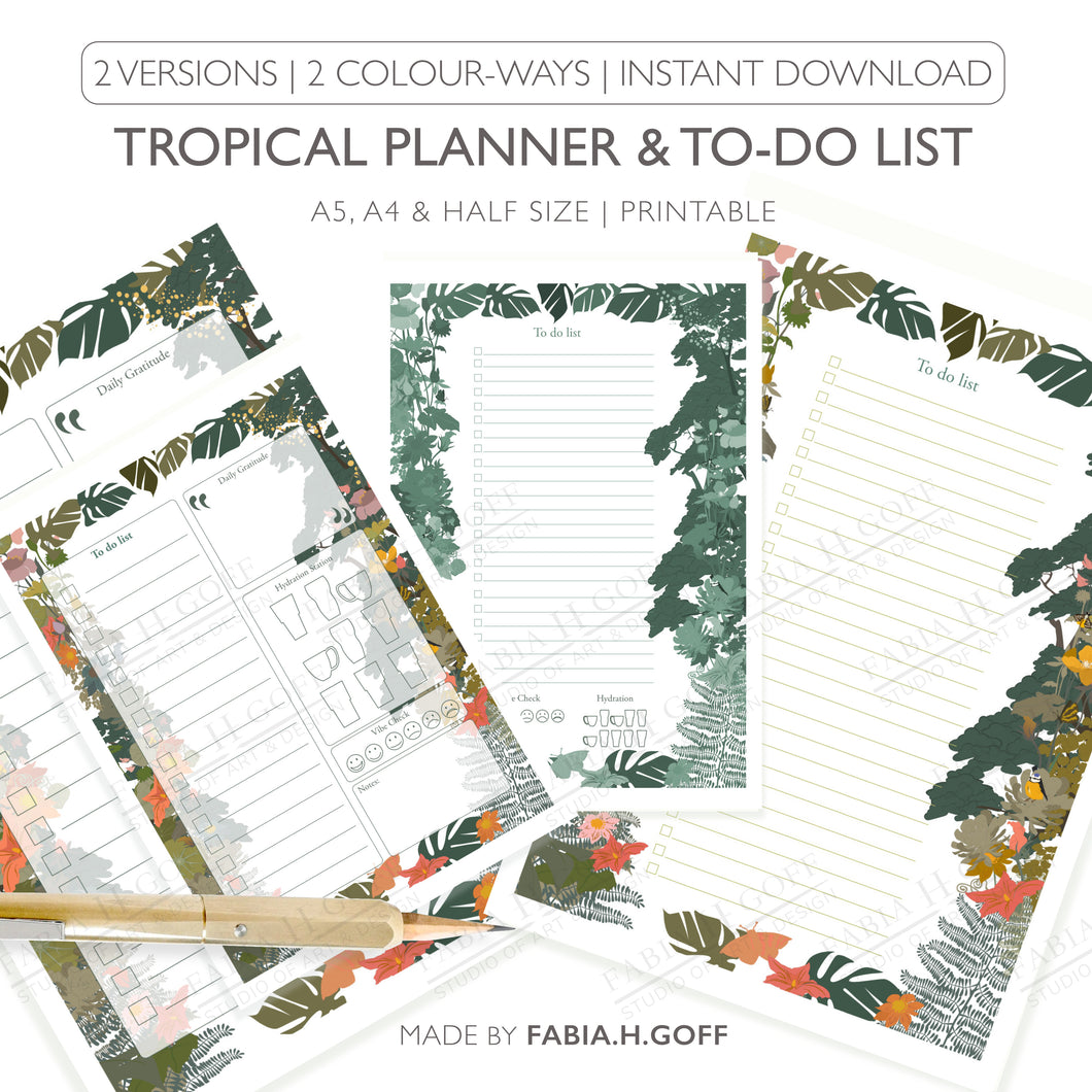 Tropical floral botanical to-do list and planner | download and printable | A4 and A5