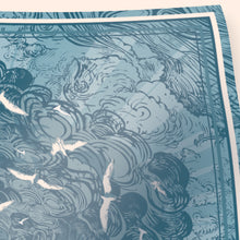 Load image into Gallery viewer, Flight through the clouds - Pastel Blue Linocut Silk Scarf (90 x 90cm)
