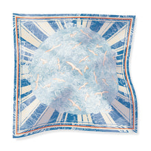 Load image into Gallery viewer, Flight Through Twilight Clouds – Blue Linocut Silk Scarf (90 x 90 cm)
