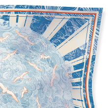 Load image into Gallery viewer, Flight Through Twilight Clouds – Blue Linocut Silk Scarf (90 x 90 cm)
