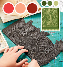 Load image into Gallery viewer, Verdant Garden – Botanical Linocut Silk Scarf (90 x 90cm)
