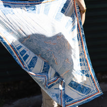 Load image into Gallery viewer, Flight Through Twilight Clouds – Blue Linocut Silk Scarf (90 x 90 cm)
