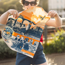 Load image into Gallery viewer, The Coastal Line Tea Towel – Graphic Seaside Design with Steam Train &amp; Viaduct
