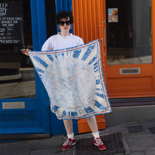 Load image into Gallery viewer, Flight Through Twilight Clouds – Blue Linocut Silk Scarf (90 x 90 cm)
