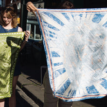 Load image into Gallery viewer, Flight Through Twilight Clouds – Blue Linocut Silk Scarf (90 x 90 cm)
