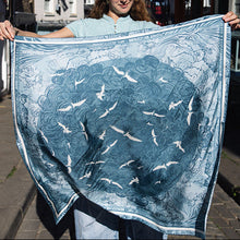 Load image into Gallery viewer, Flight through the clouds - Pastel Blue Linocut Silk Scarf (90 x 90cm)
