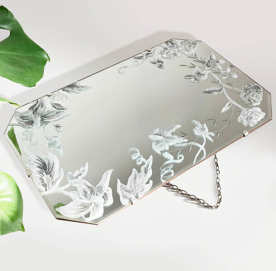 Monotone Hand Painted Floral Mirror